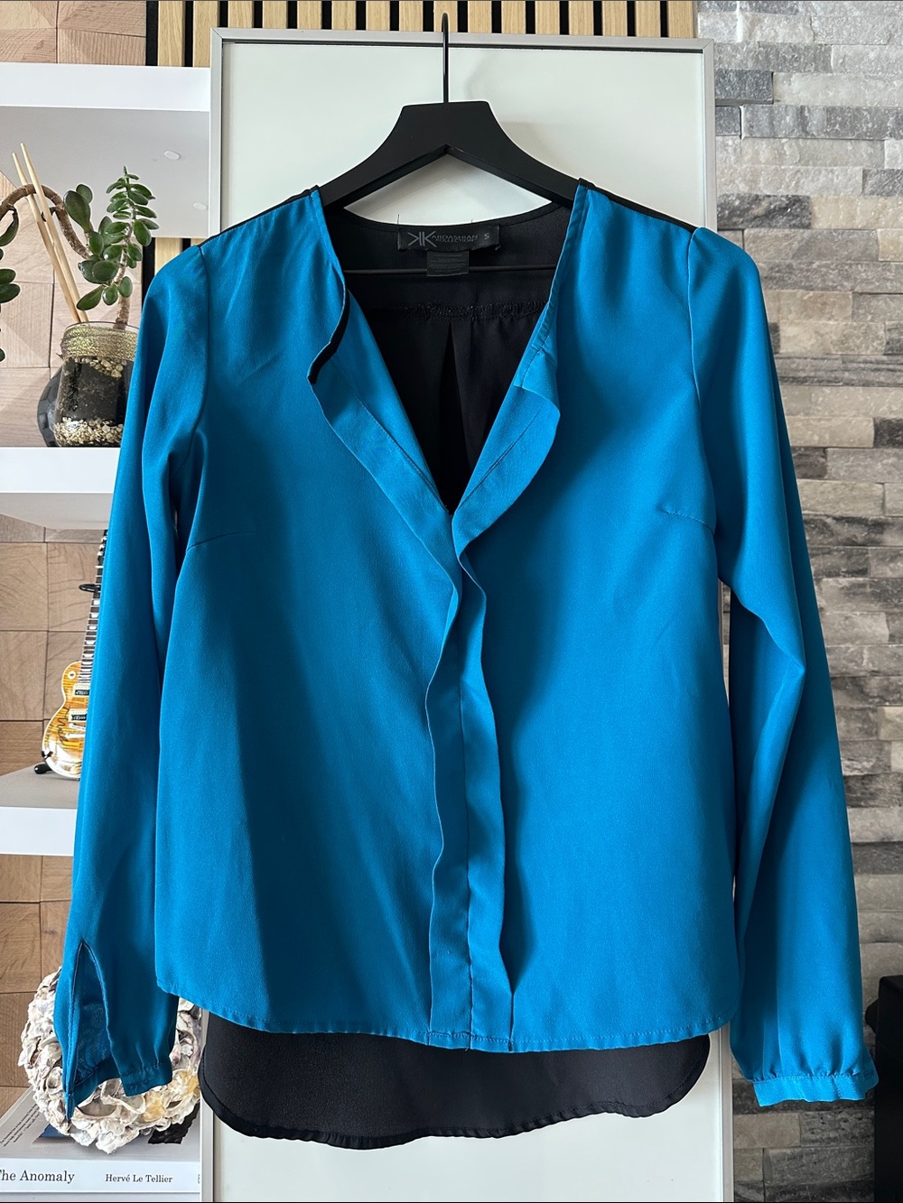 Vintage Kardashian Kollection Teal Long-Sleeve Ruffled Front Blouse
